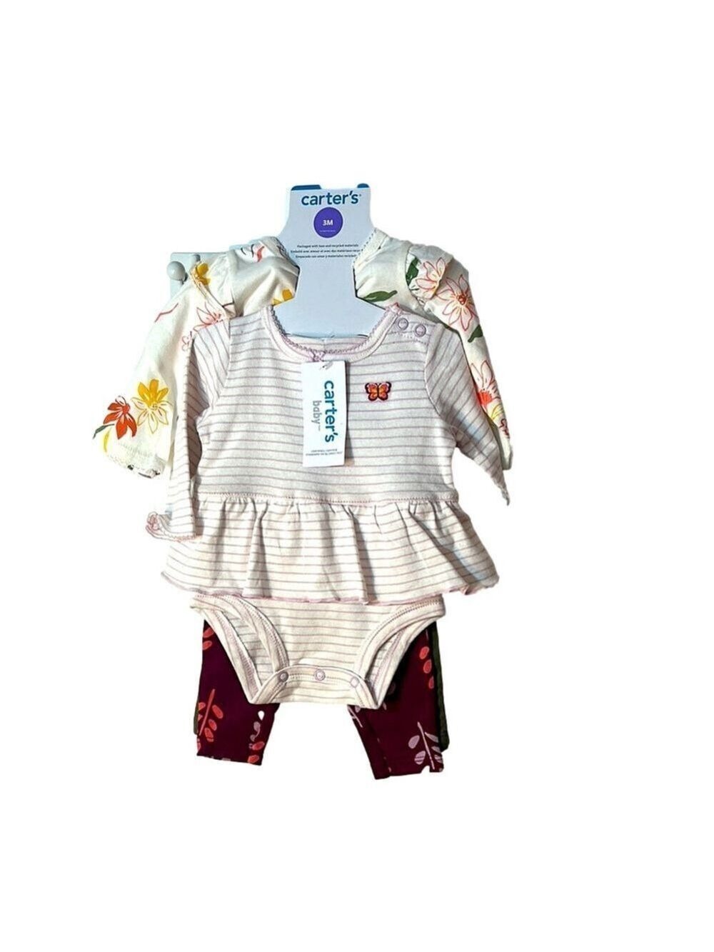 Carter's Striped Peplum Bodysuit Set Pink White 3 Months